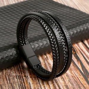 Fresh Accessories - Mens/Unisex Leather Bracelet Plats Black