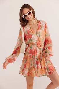 Mink Pink Aida Long Sleeve Mini Dress - Apricot Floral