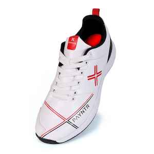 Shoes: PAYNTR X RUBBER Cricket Shoes – White/Black/Red