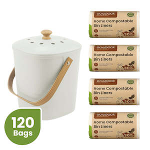 Ecopack Compost Bin Set: Bamboo Caddy + 8L Compostable Bin Liners (4 Rolls/120 Bags)