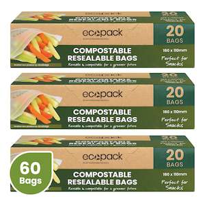 Ecopack Compostable Resealable Snack Bags (3 Boxes/60 Bags)