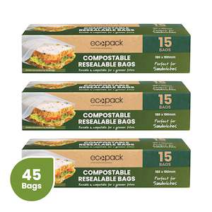 Ecopack Compostable Resealable Sandwich Bags (3 Boxes/45 Bags)