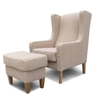 Partridge armchair and footstool in fabio bluff