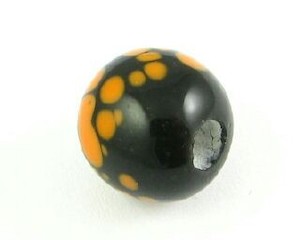 Craft material and supply: Indonesian Lampwork, Round Spotted, Black/Orange, 10mm (10 pcs)