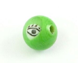 Indonesian Lampwork, Round Eye, Green, 10mm (10pcs)