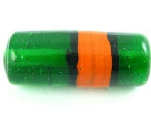 Craft material and supply: Indian Lampwork, Tube Stripe, Green/Orange, 27x11mm (10 pcs)