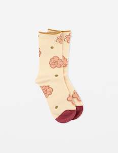 Socks - Cream with Pink Bloom Flowers