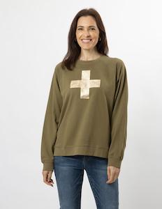 Everyday Sweater - Olive Gold Glitter Cross