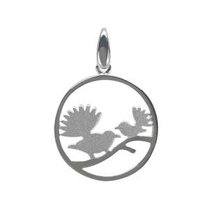 Jewellery: Pendant - 2 Matte Silver Fantails in a Polished Circle