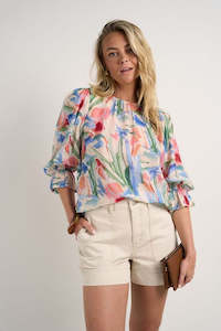 Clothing: Candid Watercolour Frill Sleeve Crew Neck SS Top