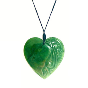 NZ GREENSTONE HEART with CARVED KORU FACE - 60mm