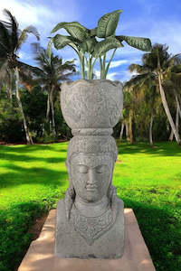 Bali Pot Planters: Giant Bali Statue Pot Planter Hand Carved Stone 152cm Stone Base (818)