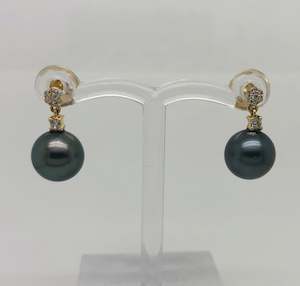 Jewellery: 9ct Yellow Gold 9.00-9.50mm Tahitian Black Pearl Drop Earrings With Cubic Zirconia Settings