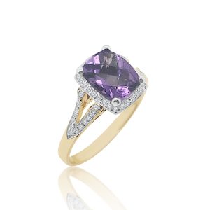 9ct Yellow Gold Amethyst & Cubic Zirconia Halo Ring With CZ Set Split Shank Ring