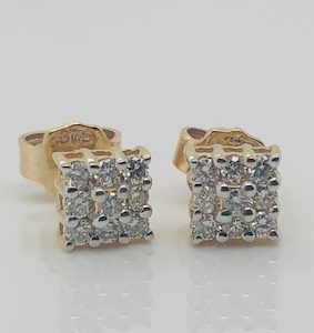 9ct Yellow Gold Round Cut Diamond Cluster Square Stud Earrings - 0.25ct