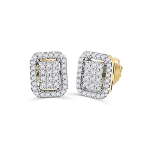 Jewellery: 10ct Yellow Gold 1/4ct Radiant Cluster Setting Halo Diamond Stud Earrings