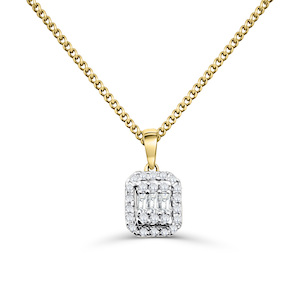 Jewellery: 10ct Yellow Gold Baguette & Round Diamond Cluster Pendant