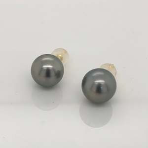 18ct Yellow Gold 9.0-10.0mm Tahitian Black Pearl Stud Earrings