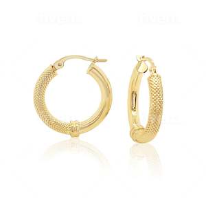 9ct Yellow Gold 15mm Diameter Half Round Plain & Frosted Hoop Earrings