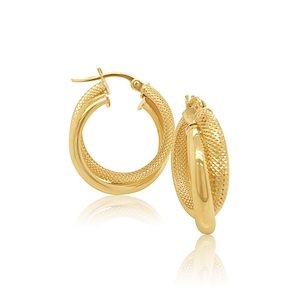 9ct Yellow Gold 15mm Plain & Frosted Double Hoop Earrings