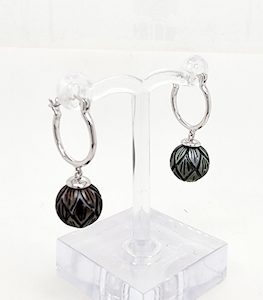 Sterling Silver Hoop Earrings with 10mm-11.00mm Hand Carved Round Tahitian Black Pearls