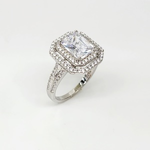 Jewellery: Emerald Cut CZ Engagement Ring with a Double Halo Three Phases Pave Setting in Sterling Silver