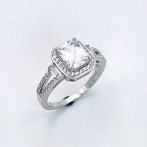 Sterling Silver Radiant Cut Halo Split Shank Cubic Zirconia Engagement/Dress Ring