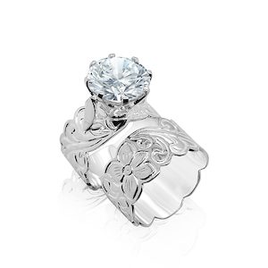 Sterling Silver 2 Piece Hawaiian Cutout Design Ring 10mm Wide With 11mm Cubic Zirconia