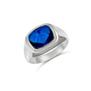 Sterling Silver 12 x 10mm Cushion Synthetic Blue Stone (Blue Spinel) Gents Ring