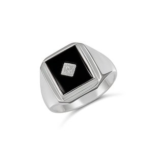 Sterling Silver 12 x 10mm Rectangle Black Onyx Gents Ring Centre Set with Cubic Zirconia