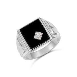 Sterling Silver 14 x 12mm Rectangle Black Onyx Gents Ring Set with Cubic Zirconia