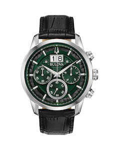 Bulova Gents Chronograph Green Dial Black Leather Strap Quartz Watch - 96B310