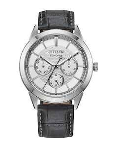 Citizen Eco-Drive Gents Classic Dress Watch White Dial Leather Strap 100M WR - BU2110-01A