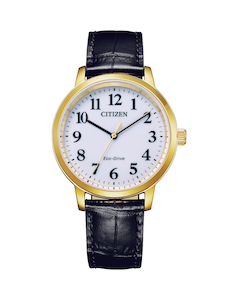 Citizen Eco-Drive Gents Gold Tone Case White Dial Black Leather Strap Watch - BJ6543-10A