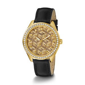 Guess G Gloss Ladies Gold Tone Black Leather Watch - GW0608L2