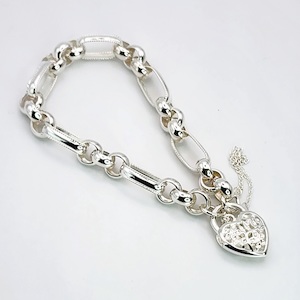 Sterling Silver 19cm Figaro Belcher Bracelet With Filigree Heart Padlock