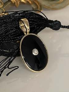 9ct Yellow Gold Black Onyx & Diamond Oval Enhancer Pendant