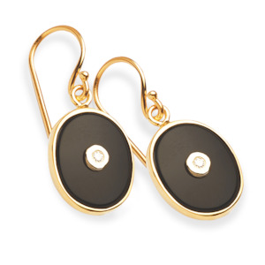 9ct Yellow Gold Black Onyx & Diamond Oval Bezel Set Hook Earrings