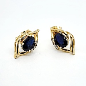 9ct Yellow Gold Dark Blue Sapphire & Diamond Stud Earrings