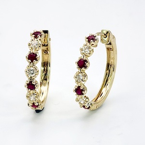 Natural Ruby & Diamond Hoop Earrings in 9ct Yellow Gold