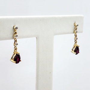 Pear-Shaped Rhodolite Garnet & Diamond Drop Earrings in 9ct Yellow Gold