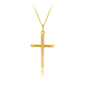 Jewellery: 9ct Yellow Gold Polished Chiseled Edge Plain Round Cross 32mm Length, 22mm Width