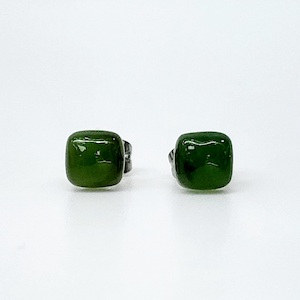 New Zealand Greenstone 6mm Square Dome Stud Earrings in Surgical Steel