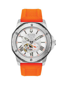 Bulova Gents Automatic 200M WR White Dial, Stainless Case, Orange Silicone Strap…