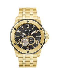 Jewellery: Bulova Gents Automatic Gold Tone Stainless Steel Black Dial Watch - 97A174