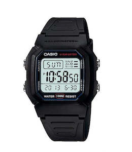 CASIO Digital 100M WR, 10Yr Battery Black Case & Band - W800H-1A