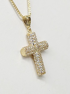 9ct Yellow Gold Cylinder Cross Pendant with CZ Front 14.70mm x 27.30mm