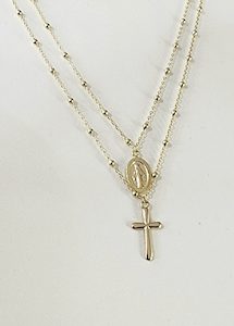 9ct Yellow Gold Double Necklace Mother Mary & Cross Necklace Set 55cm Long