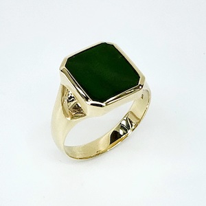 9ct Yellow Gold 15x13mm Emerald Cut Greenstone Bezel Set Ring