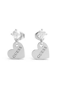 Guess Crystal & 10mm Heart Charm Silver Plated Earrings - JUBE01083 JWRHT/U